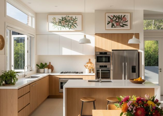 Light-filled kitchen space with open shelving