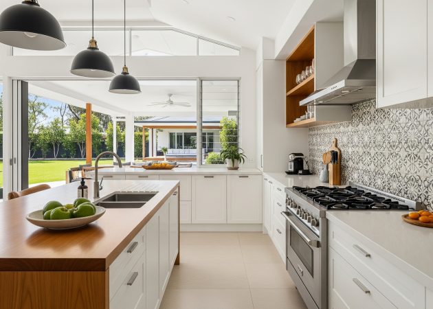 Stylish Melbourne kitchen with city skyline view